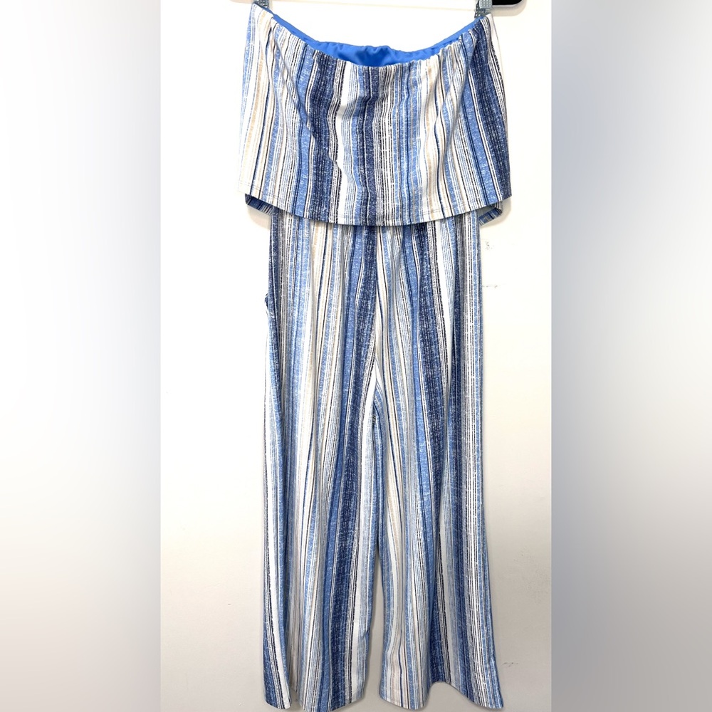 Be Pop' Strapless Popover Jumpsuit, Striped Blue and White, Size Small - Picture 4 of 5